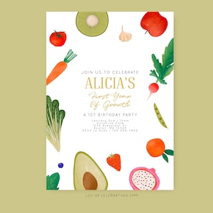 Invitación de cumpleaños cultivada localmente / 1er año de crecimiento, tema moderno y sencillo de frutas y verduras, plantilla de invitación imprimible para jardín