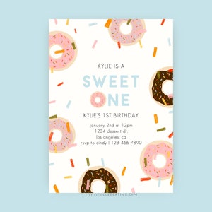 Donuthagelslag | Sweet One 1e verjaardag donut uitnodiging voor feest, elke leeftijd elk geslacht blauw roze dessert digitale afdrukbare uitnodigingssjabloon