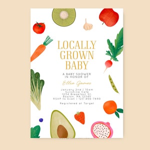 Invitación de baby shower para bebés cultivados localmente / cultivados localmente, tema moderno, simple y bonito de frutas y verduras, plantilla de invitación imprimible de cualquier género