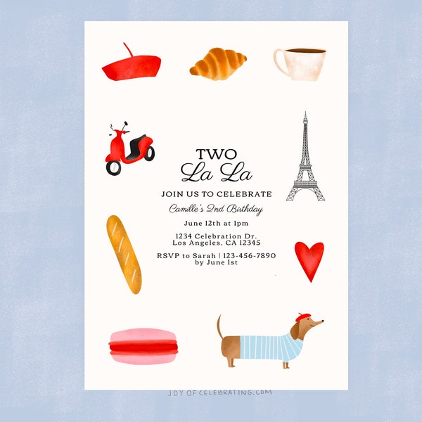 Party La La | Two La La Paris Themed 2nd Birthday Invitation, Modern Simple Parisian French Party Theme, Young Invite Template