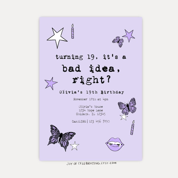 Bad Idea Themed Birthday Party Invitation, Purple Butterfly Sticker Teen Party, Customizable Digital Download Printable