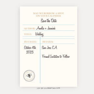 Library Slip | Unique Save The Date Vintage Library Slip Card Style Party Invitation for Wedding, Bookworm Book Theme Digital Template