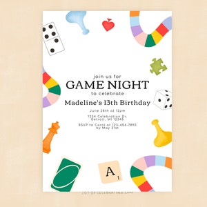 Noche de juegos / Invitación a fiesta de cumpleaños de noche de juegos divertida, juego de cartas de mesa, cualquier edad y género, plantilla de invitación imprimible digital para la noche de juegos