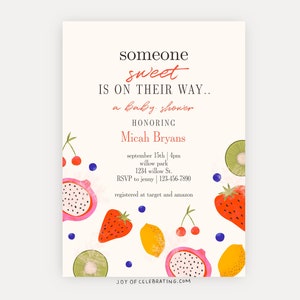 Summer Fruit / Sweet Baby On The Way Baby Shower Invitación, Moderno Simple Bonito Tema de Fruta Cualquier Género Digital Imprimible Plantilla de Invitación