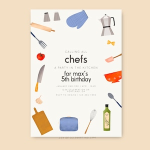 Chefes de festa | Convite de festa de culinária simples e moderno para crianças ou qualquer idade, festa de desafio de cozimento, convite de aniversário minimalista colorido