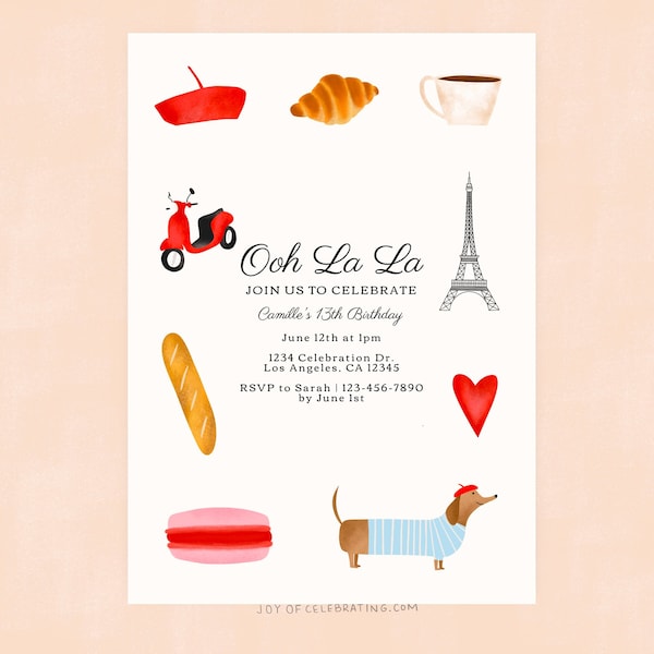 Party La La | Ooh La La Party In Paris Themed Birthday Invitation, Modern Simple Parisian French Party Theme, Young Girl Invite Template