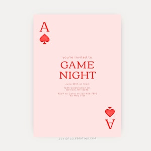 Spelavond | Minimalistische roze speelkaart spelavond uitnodiging, kaartspel, meisjes nacht volwassenen nacht, digitale afdrukbare uitnodigingssjabloon
