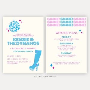 Bach & The Dynamos | Blue and Pink Disco Mamma Mia inspired Bachelorette Party Weekend Invitation and Itinerary Template