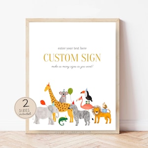 Party At The Zoo | Editable Zoo Animals Party Table Sign, 5x7 8x10 Editable Template for Birthday, Personalized Custom Sign, Table Decor