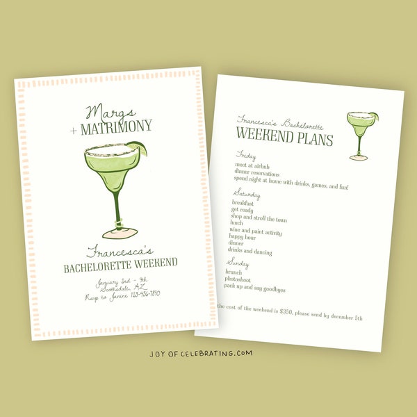 Margs + Matrimony | Margarita Bachelorette Invite and Itinerary, Tequila Pink Green Preppy Hand Drawn Invitation Set