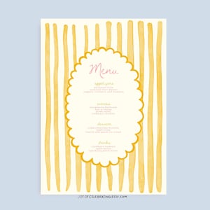 Clara / Dolce modello di menu per feste a strisce incorniciato vintage, menu per cene alla moda unico e alla moda giallo e rosa, divertente e minimalista