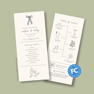 Pode incluir: Um modelo imprimível em preto e branco para a linha do tempo da cerimônia de casamento e a ordem dos eventos. A linha do tempo da cerimônia inclui a ordem dos eventos para a cerimônia de casamento. A ordem dos eventos inclui a hora da cerimônia, o jantar, a primeira dança e a despedida com fogos de artifício. O texto inclui os nomes "Sofia & Riley" e a data "18 de janeiro de 2023".