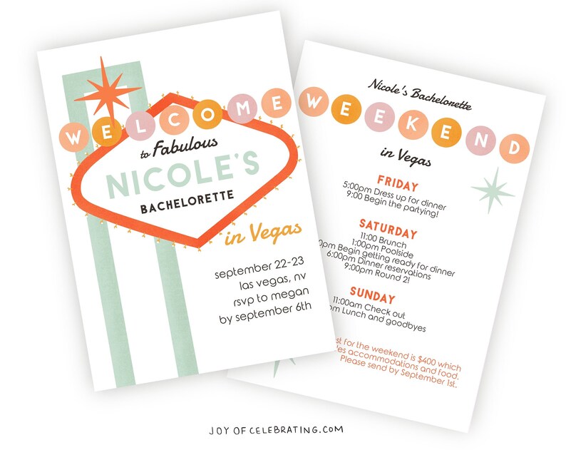 Retro Vegas Bachelorette Party Weekend Invitation and Itinerary Template Fun and Vibrant Colorful Preppy Trendy 70s Retro