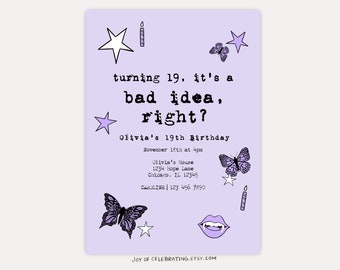 Faire-part d'anniversaire sur le thème mauvaise idée, autocollant papillon violet fête ado, imprimable téléchargement numérique personnalisable