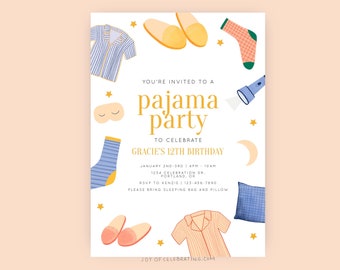 Fiesta de pijamas / Invitación moderna y linda a la fiesta de pijamas de PJs para niños, cumpleaños de adolescentes, noche de pijamas para niñas, invitación minimalista colorida