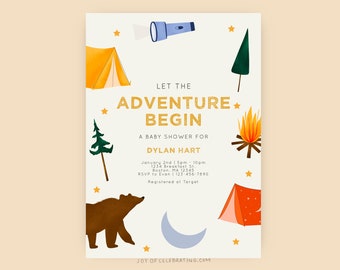 Fiesta de campamento/aventura espera invitación al tema del baby shower, invitación moderna y linda al aire libre para picnic, fogata, campamento en el bosque, invitación al baby shower