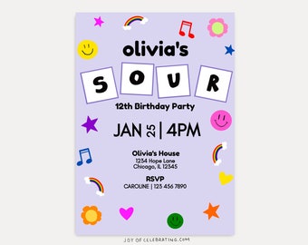 Themed Birthday Party Purple Sticker Invitation, Kids Teen Evite, Customizable Digital Download Printable