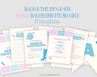 May include: A bachelorette party printable bundle with a disco ball, a blue boot, and the text "Kenzie & The Dynamos" in pink and blue. The bundle includes 11 templates for a bachelorette weekend.