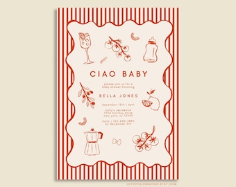 Plantilla de invitación para baby shower de Bella/Ciao Bambino, totalmente personalizable, dibujada a mano, temática italiana, Ciao Baby