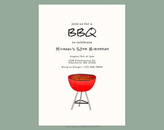 Summer BBQ | Grilling BBQ Birthday Party Invitation, Modern Simple Cute Outdoors Food Dinner Adults Men Party Theme, Invite Template