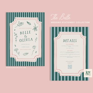 May include: Two wedding stationery cards featuring a dark teal and white vertical striped background. Each card has a central cream-colored panel with a pink border, displaying floral line art, the text The Belle, and wedding details.