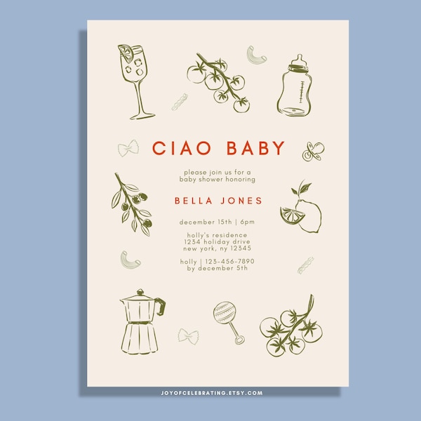 Bella | Ciao Bambino-sjabloon uitnodiging babyshower, volledig aanpasbaar handgetekende Italiaans themafeest, Ciao Baby