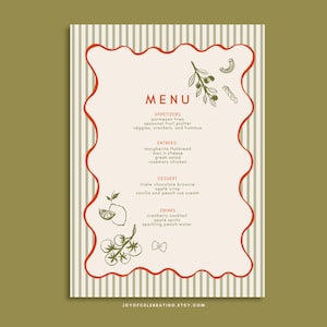 Może przedstawiać: Karta menu z kremowym tłem i czerwonym falistym obramowaniem. Menu zawiera przystawki, dania główne, desery i napoje. Karta ma wzór w paski i ilustracje jedzenia i napojów.