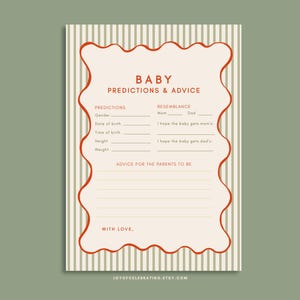 Op de afbeelding: Baby voorspellingen en advieskaart met een crème en beige gestreepte achtergrond. De kaart heeft een golvende rode rand en bevat vragen voor voorspellingen, gelijkenis en advies voor ouders. De tekst "BABY PREDICTIONS & ADVICE" staat bovenaan.