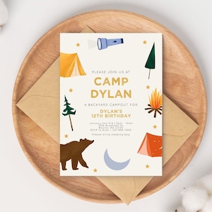 Camp Party | Camping Mountain Nature Themed Birthday Party Invitation, Outdoors Picnic Campfire Forest Summer Camp Kids Teen Adult Invite