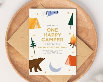 Camp Party | One Happy Camper 1st Birthday Nature Themed Party Invite, Outdoors Picnic Campfire Forest Summer Camp Kids Teen Adult Invite