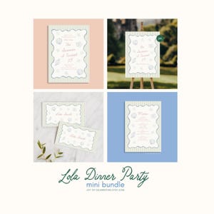 Lola | Zestaw na przyjęcie urodzinowe z muszlami, Vintage Scallop Frame, Blue Pink Invite, Projekt menu, Znak powitalny, Wizytówki