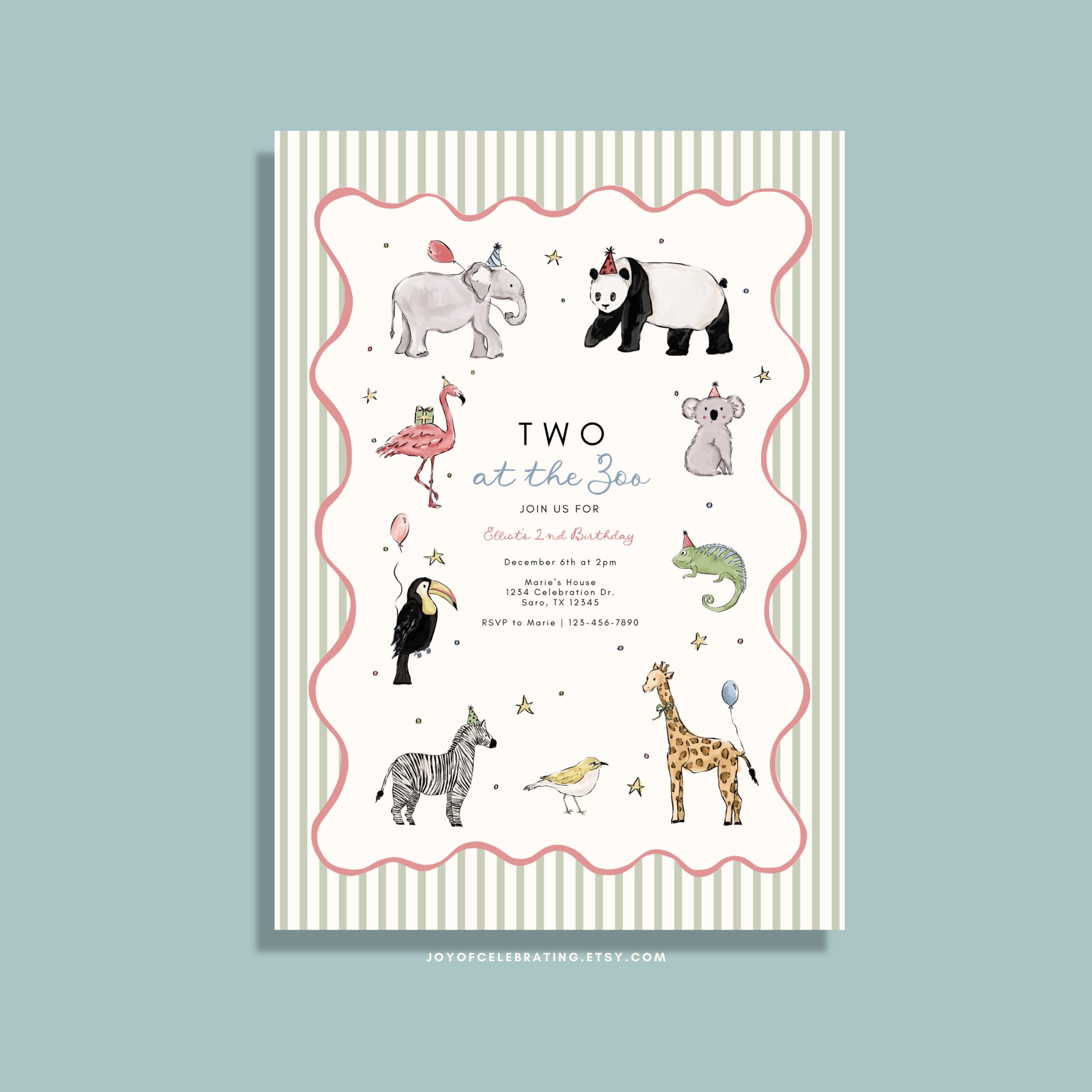 Elliot | Two at the Zoo Colorful Animal Party Invitation Template, 2nd ...