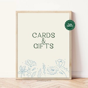 Modello per cartello da tavolo Lily / Cards & Gifts, completamente personalizzabile, con tema floreale disegnato a mano, poster con cornice blu e verde.