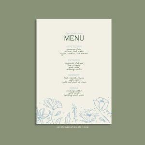 Plantilla de menú floral/lirio, totalmente personalizable, diseño floral dibujado a mano, con plato neutro en azul y verde.
