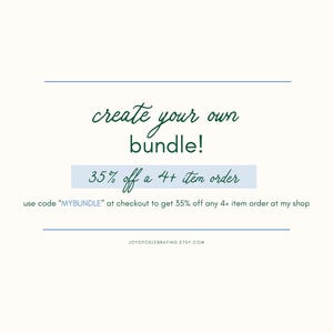 Puede incluir: Crea tu propio paquete. Obt&eacute;n un 35% de descuento en cualquier pedido de 4 o m&aacute;s art&iacute;culos con el c&oacute;digo "MYBUNDLE" al finalizar la compra. JOYOPCELEBRATING ETSY COM