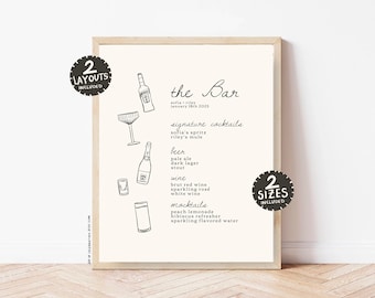 Sofia | 5x7, 8x10 Customizable Bar Menu Sign for Wedding, Minimalist Line Drawing Doodle, Handwritten Hand Drawn, Reception or Ceremony