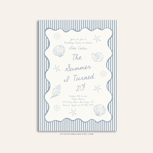 Lola | The Summer I Turned Twenty-verjaardagsuitnodiging sjabloon, handgetekende schelpen kustthemafeest, zachtblauwe marineblauwe oceaanuitnodiging