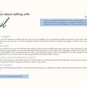 Puede incluir: Informaci&oacute;n sobre la edici&oacute;n con Corjl, un sitio web que permite a artistas y dise&ntilde;adores vender sus dise&ntilde;os como plantillas. El texto explica c&oacute;mo funciona la plataforma, incluyendo c&oacute;mo crear una cuenta, editar plantillas y descargar archivos. Tambi&eacute;n menciona que los pedidos caducan despu&eacute;s de 365 d&iacute;as.