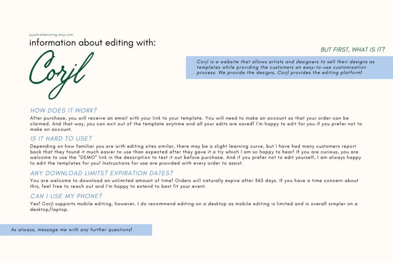Puede incluir: Informaci&oacute;n sobre la edici&oacute;n con Corjl, un sitio web que permite a artistas y dise&ntilde;adores vender sus dise&ntilde;os como plantillas. El texto explica c&oacute;mo funciona la plataforma, incluyendo c&oacute;mo crear una cuenta, editar plantillas y descargar archivos. Tambi&eacute;n menciona que los pedidos caducan despu&eacute;s de 365 d&iacute;as.