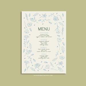 Lelie | Bloemen dinermenusjabloon, volledig aanpasbaar handgetekende bloementhemafeest, blauwgroene neutrale plaat menukaart