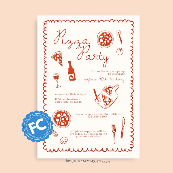 Rust Scallop | Red Hand Drawn Doodle Pizza Party Invitation, Red and Cream Scallop Edge Border Dinner Party, Italian Icons Invite Template