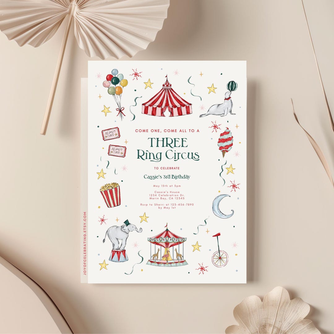Cassie | Three Ring Circus Carnival 3rd Birthday Party Invitation ...