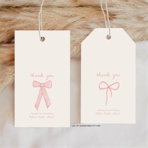 BEAUTÉ | Etiquettes de remerciement pour avoir fait le noeud rose sur le thème de la douche nuptiale, cartes de remerciement avec noeuds d'invitation dessinés à la main, modèle de mariage