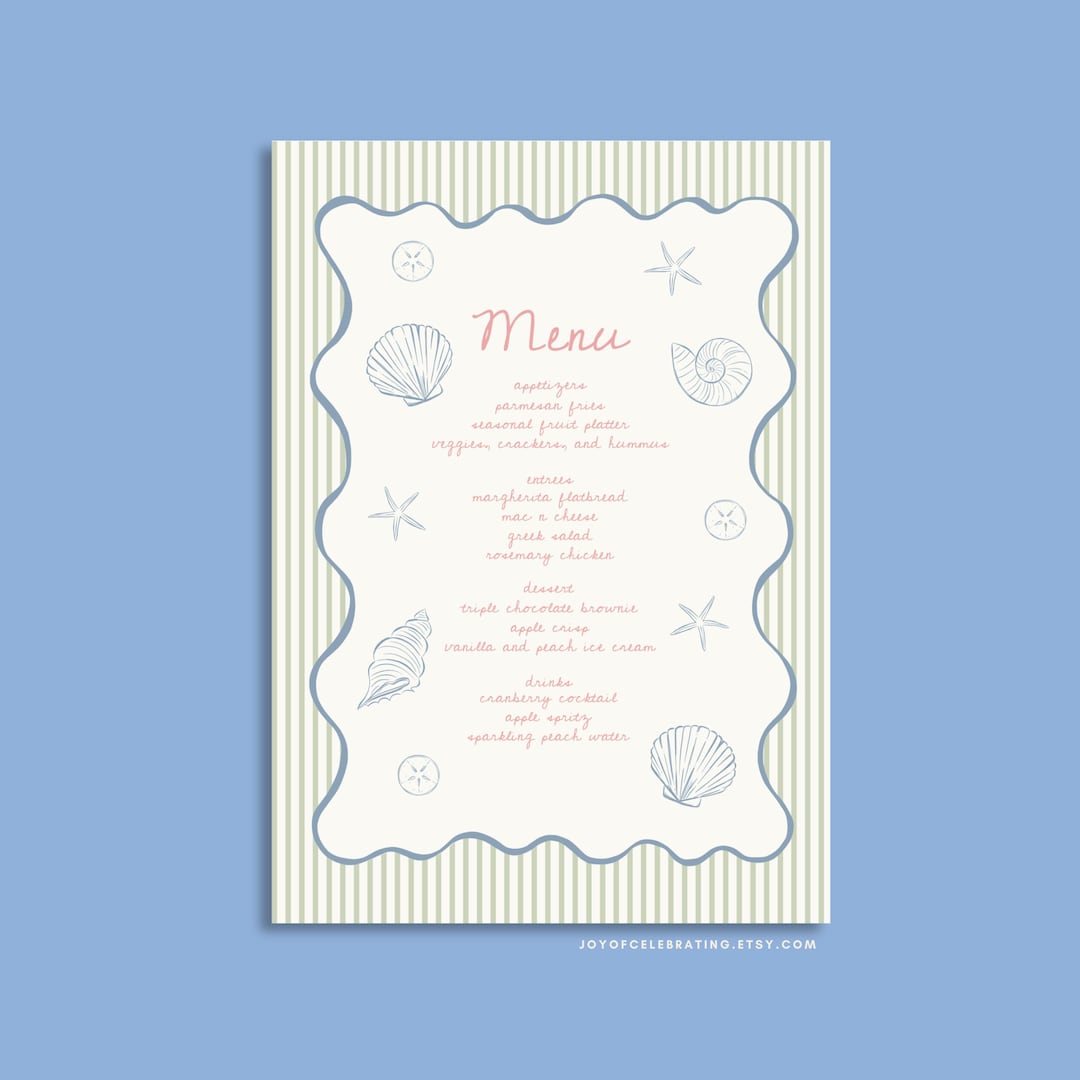 Lola | Coastal Menu Template, Hand Drawn Seashells Coastal Themed Party ...