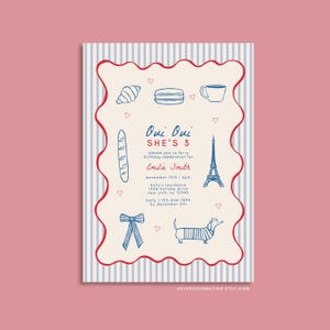 EMILIE | Oui Oui She's Three Minimal Paris French Themed Birthday Shower Invitation, Modern Simple Parisian Theme, Stripes and Wavy Border