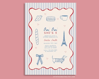 EMILIE | Oui Oui She's Three Minimal Paris French Themed Birthday Shower Invitation, Modern Simple Parisian Theme, Stripes and Wavy Border