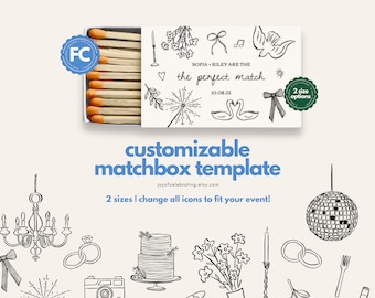 Sofia | 2 Sizes Customizable Matchbox Template for Wedding, Minimalist Line Drawing Doodle, Handwritten Hand Drawn, Reception Party Favor