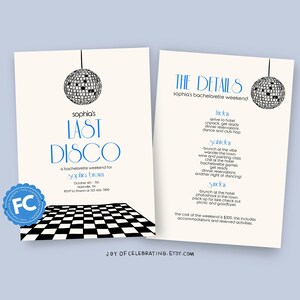 RUBIS | Ensemble d'invitations et d'itinéraires bleu Last disco entièrement personnalisables, boule disco danse fantaisie, enterrement de vie de jeune fille de Bach dessinés à la main
