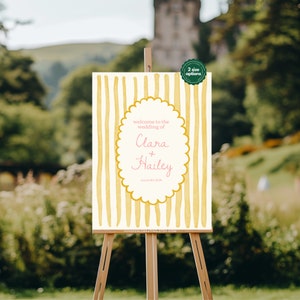 Modello di cartello di benvenuto a strisce con cornice gialla/Clara per matrimonio, simpatico poster di benvenuto giallo e rosa per cerimonia di matrimonio o ricevimento