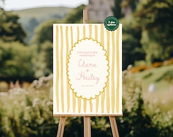 Clara | Yellow Framed Striped Welcome Sign Template for Wedding, Cute Yellow and Pink Welcome Poster for Wedding Ceremony or Reception